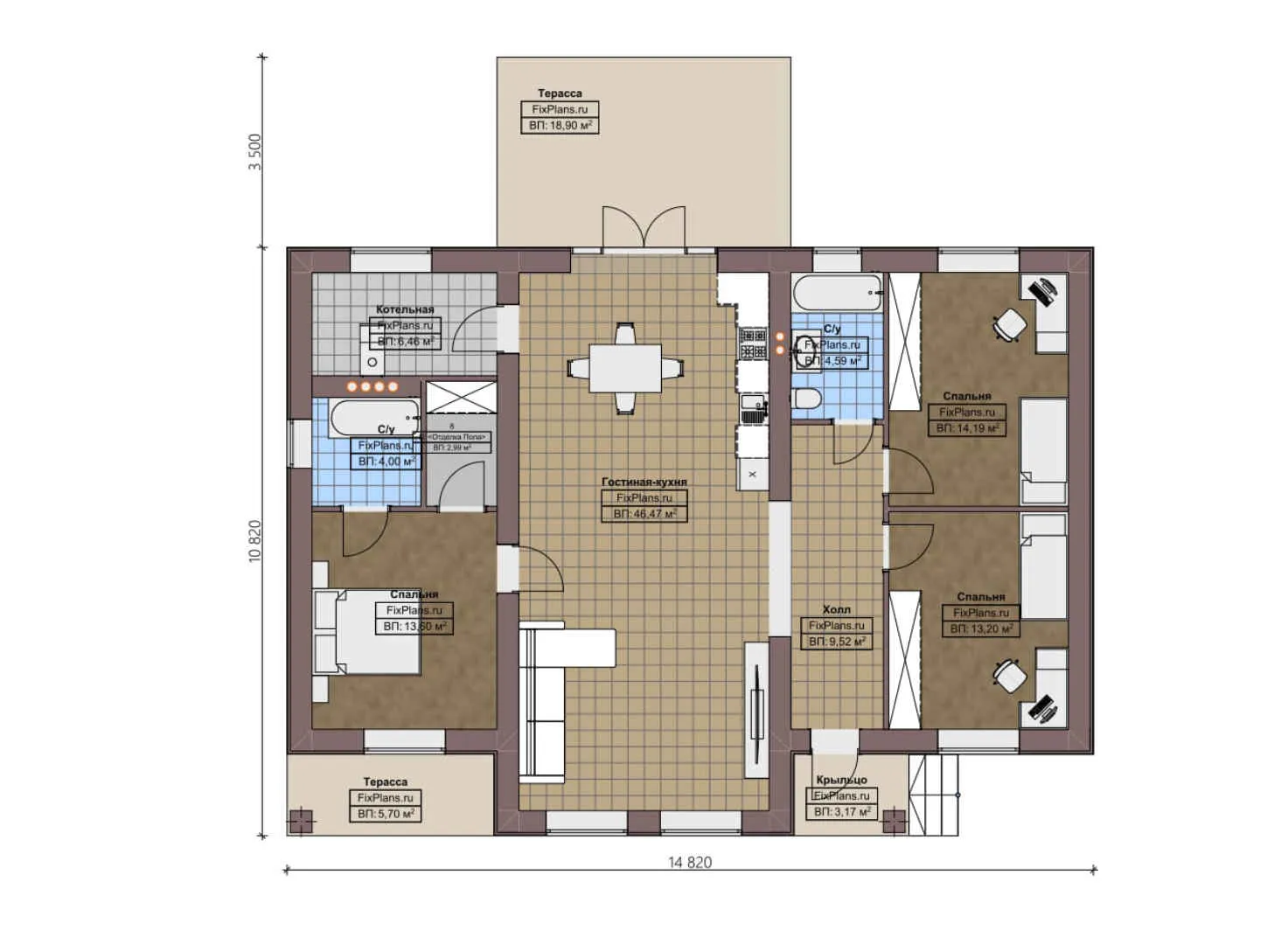 F-2231 - План одноэтажного дома 11 на 15, площадью 150 м² с террасой и 3 спальнями