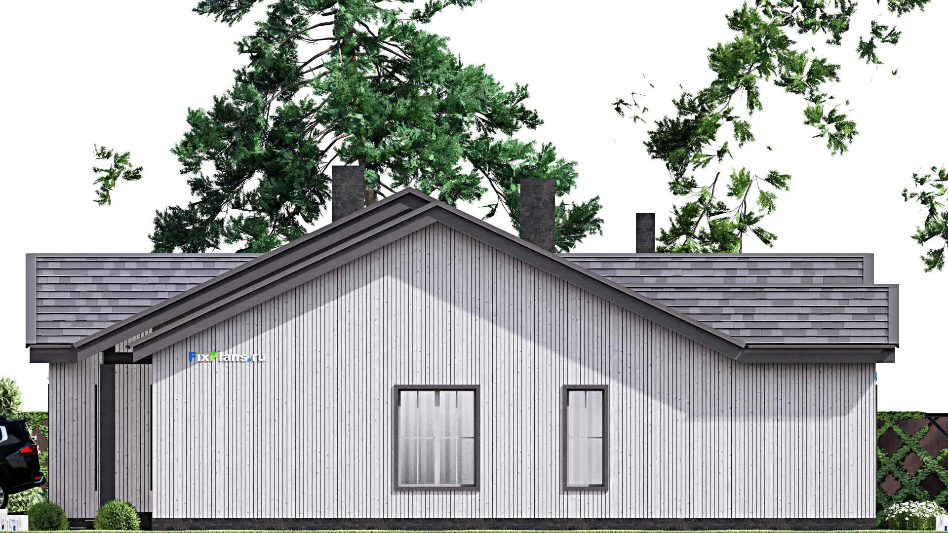 F-16505 - Проект одноэтажного дома 17 на 20, площадью 480 м² с террасой, гаражом на 2 машины и 3 спальнями