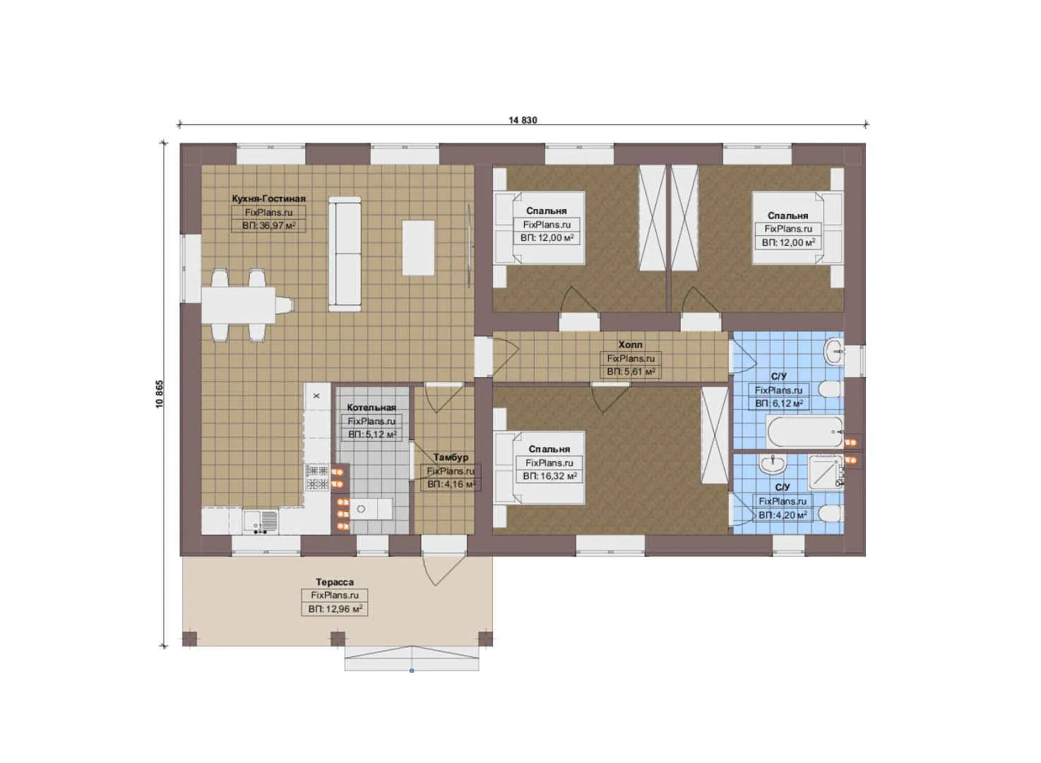 F-18053 - План одноэтажного дома 11 на 15, площадью 120 м² с террасой и 3 спальнями