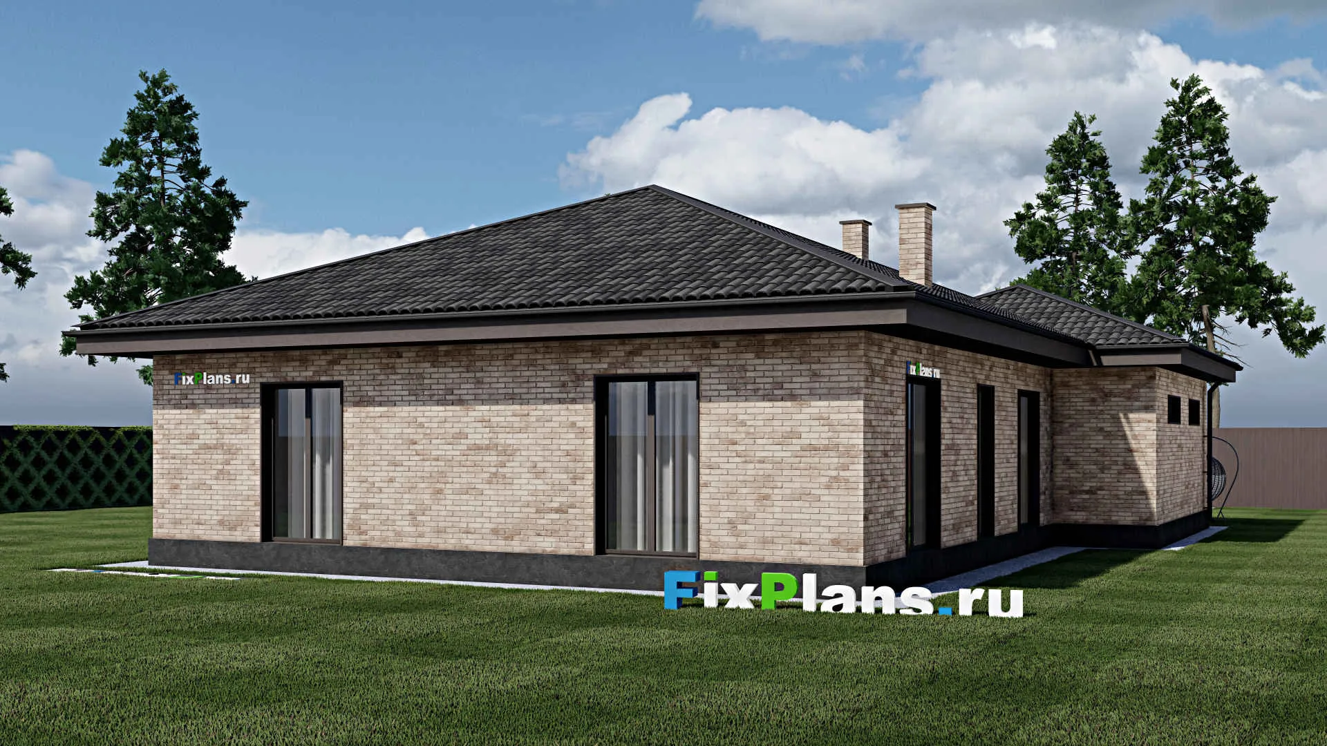 F-1826 - Проект одноэтажного дома 14 на 19, площадью 160 м² с гаражом на 1 машину и 3 спальнями