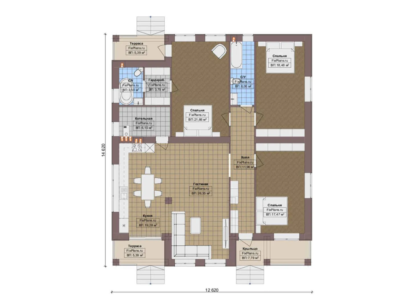 F-18710 - План одноэтажного дома 13 на 15, площадью 160 м² с террасой и 3 спальнями