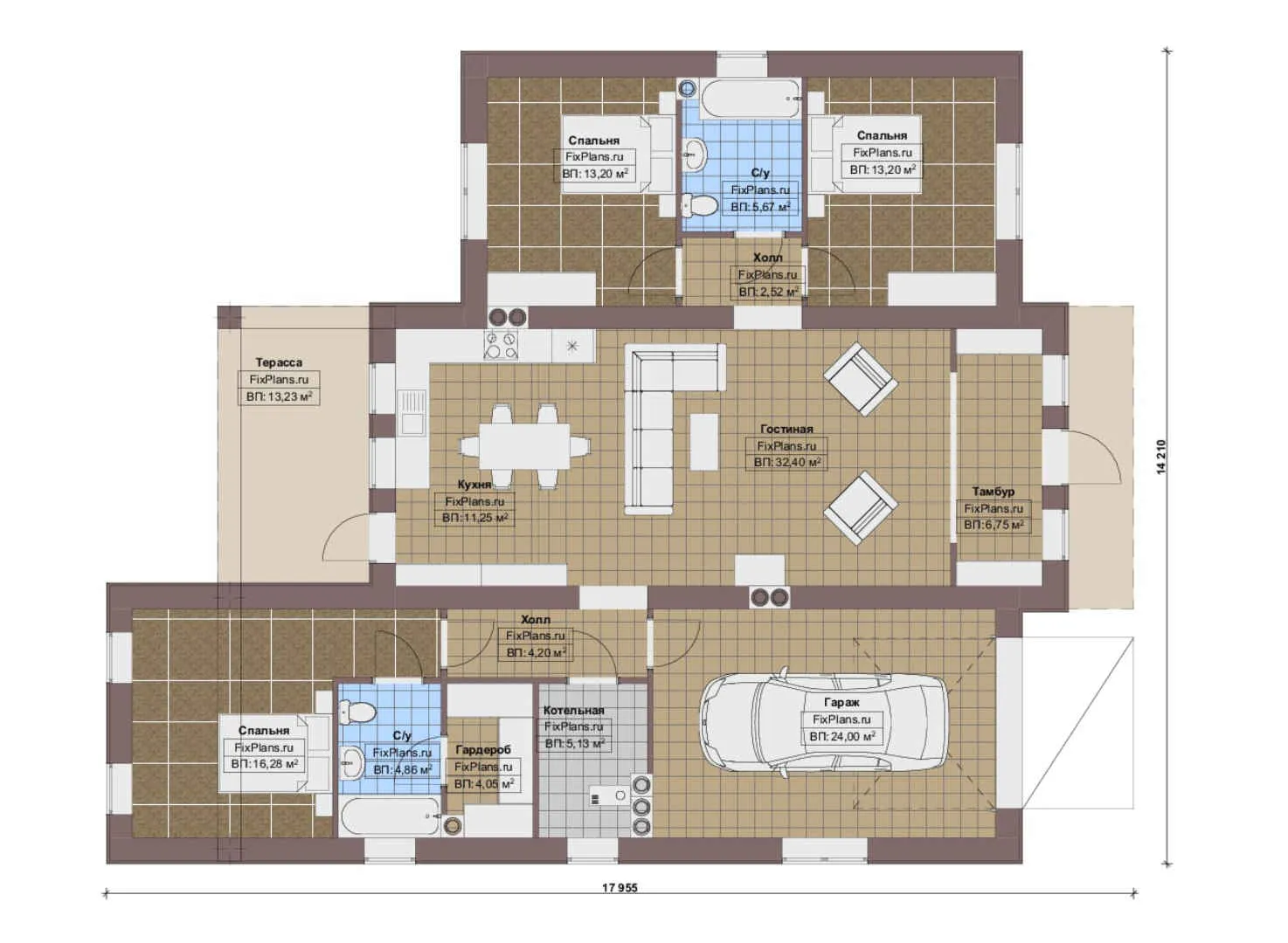 F-16739 - План одноэтажного дома 15 на 18, площадью 170 м² с террасой, гаражом на 1 машину и 3 спальнями