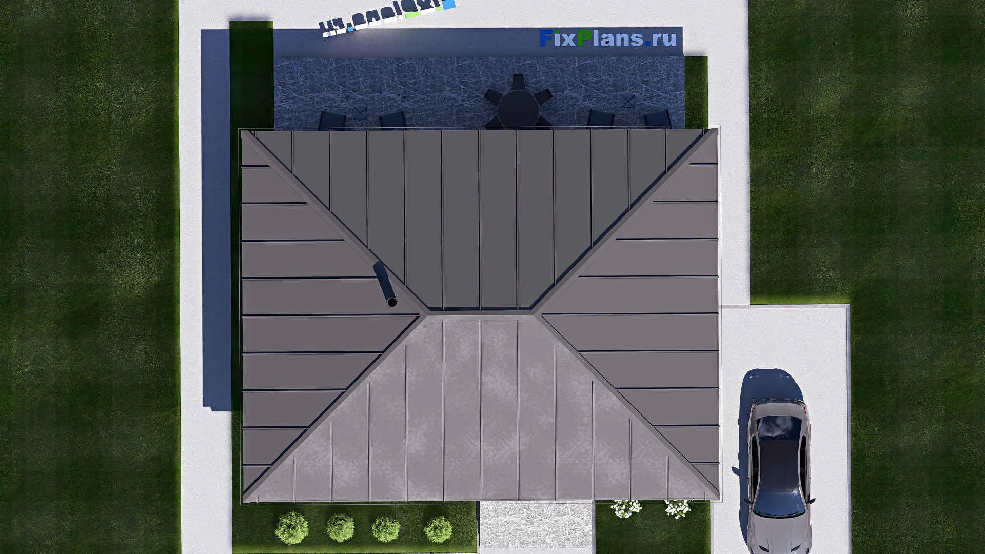 F-19835 - Проект одноэтажного дома 13 на 14, площадью 140 м² с террасой и 3 спальнями