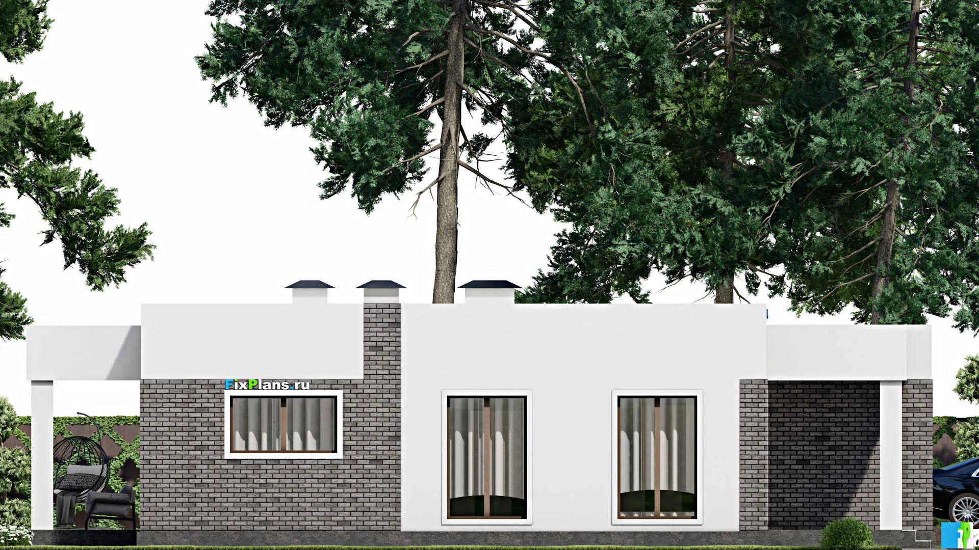 F-8972 - Проект одноэтажного дома 13 на 17, площадью 150 м² с террасой, гаражом на 1 машину и 2 спальнями