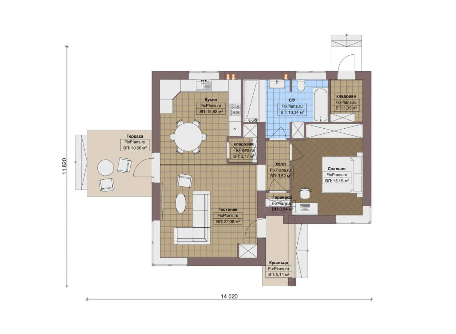 F-20312 - План одноэтажного дома 12 на 15, площадью 90 м² с террасой и 1 спальнями