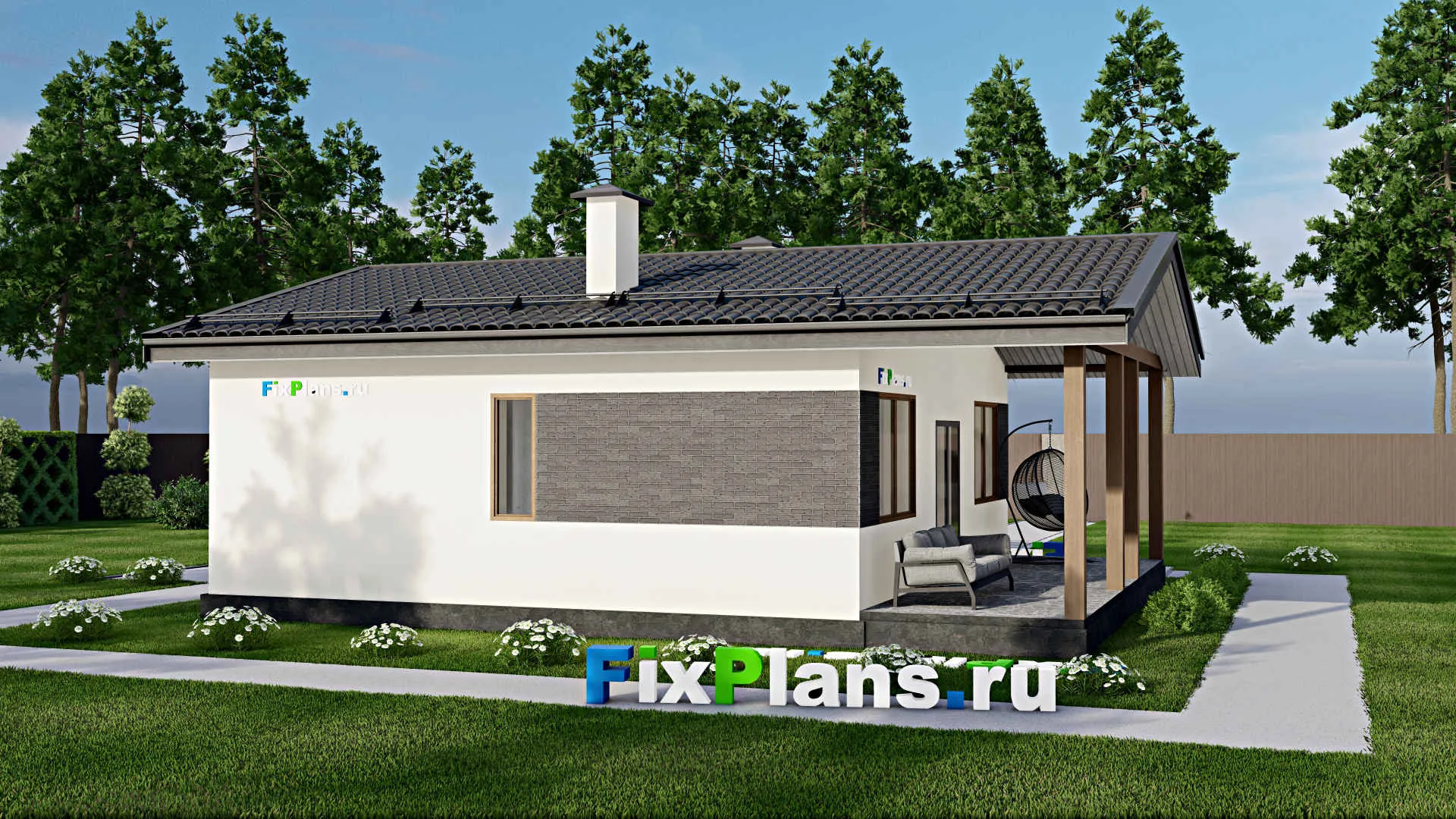 F-4418 - Проект одноэтажного дома 9 на 9, площадью 80 м² с террасой и 2 спальнями
