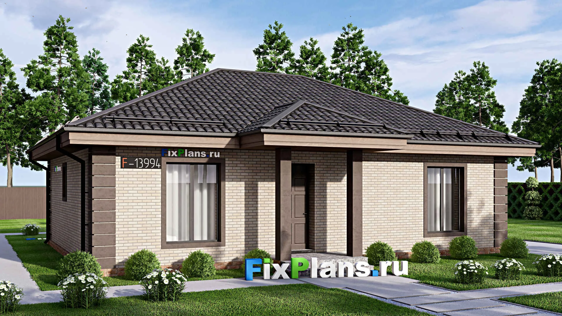 F-13994 - Проект одноэтажного дома 14 на 16, площадью 130 м² с террасой и 3 спальнями