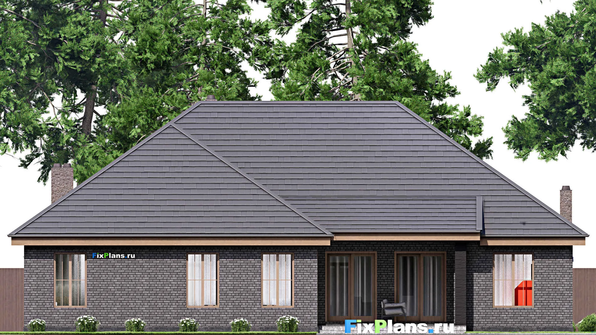 F-16955 - Проект одноэтажного дома 18 на 20, площадью 260 м² с террасой, гаражом на 2 машины и 3 спальнями