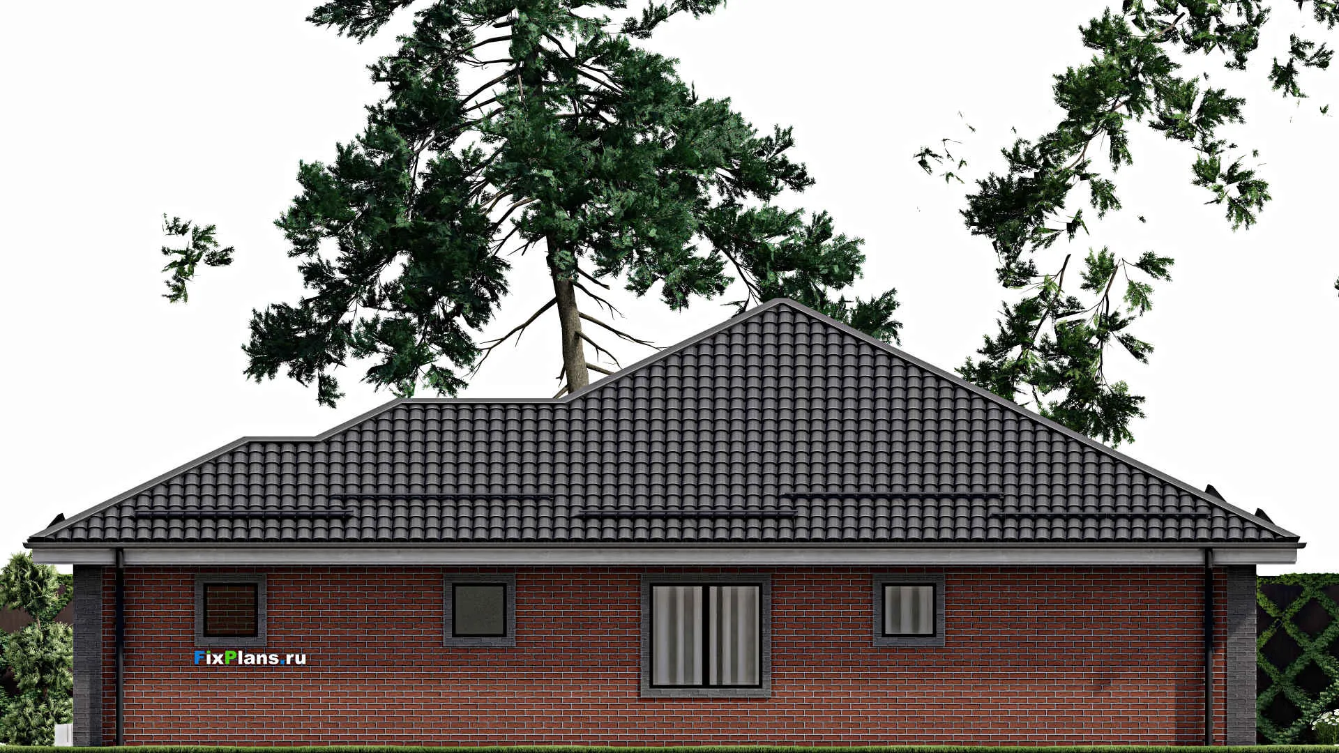 F-4013 - План одноэтажного дома 13 на 17, площадью 150 м² с террасой, гаражом на 1 машину и 3 спальнями