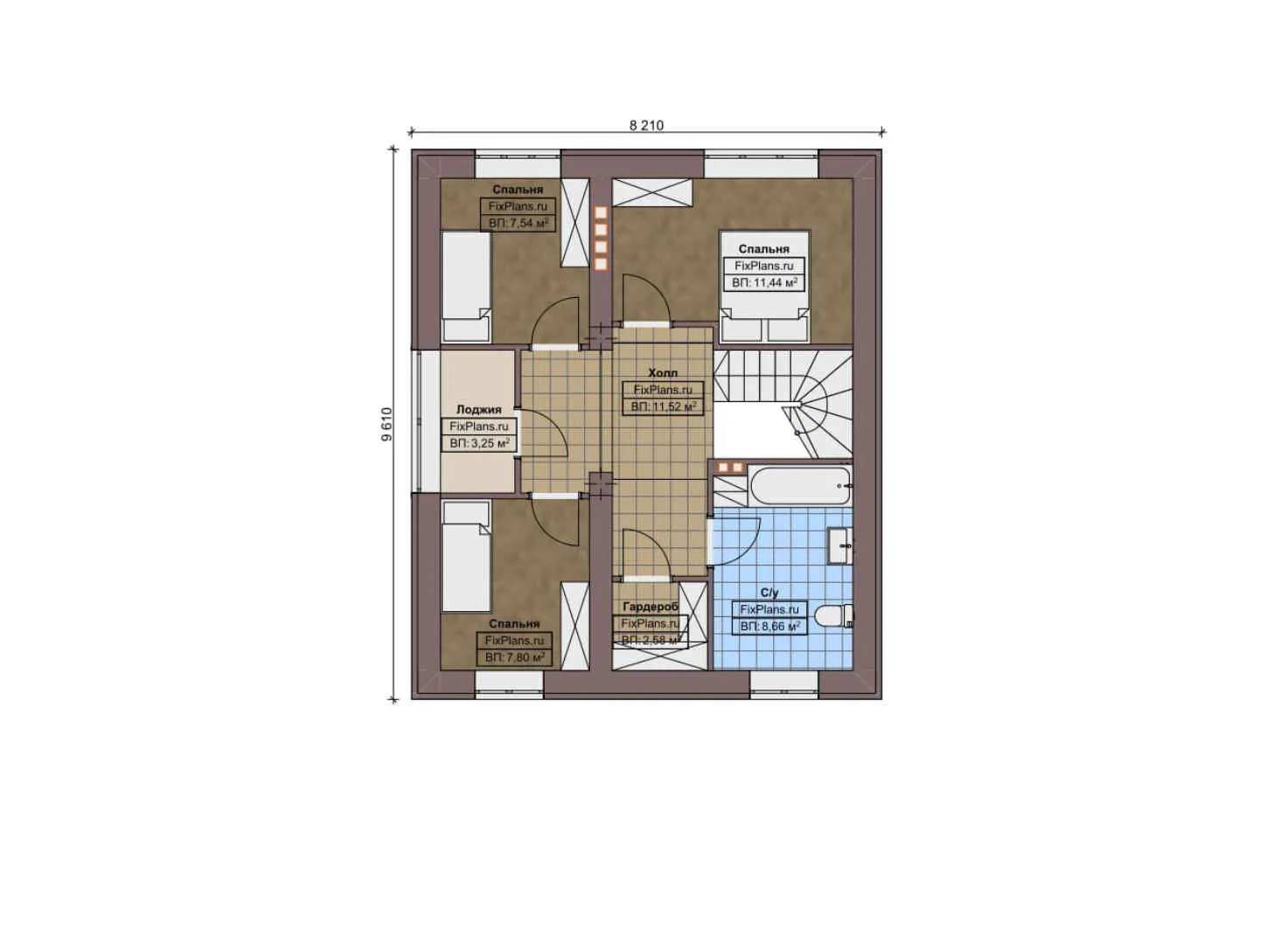 F-11150 - Планы двухэтажного дома 11 на 11, площадью 190 м² с террасой, цокольным этажом и 5 спальнями