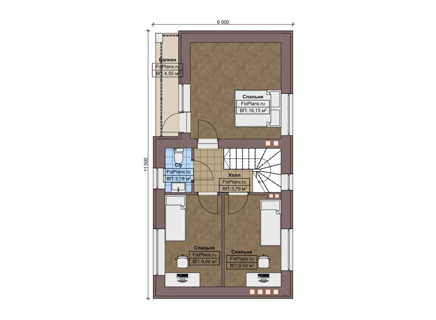 F-6263 - Планы дома с мансардой 6 на 12, площадью 100 м² с балконом и 3 спальнями