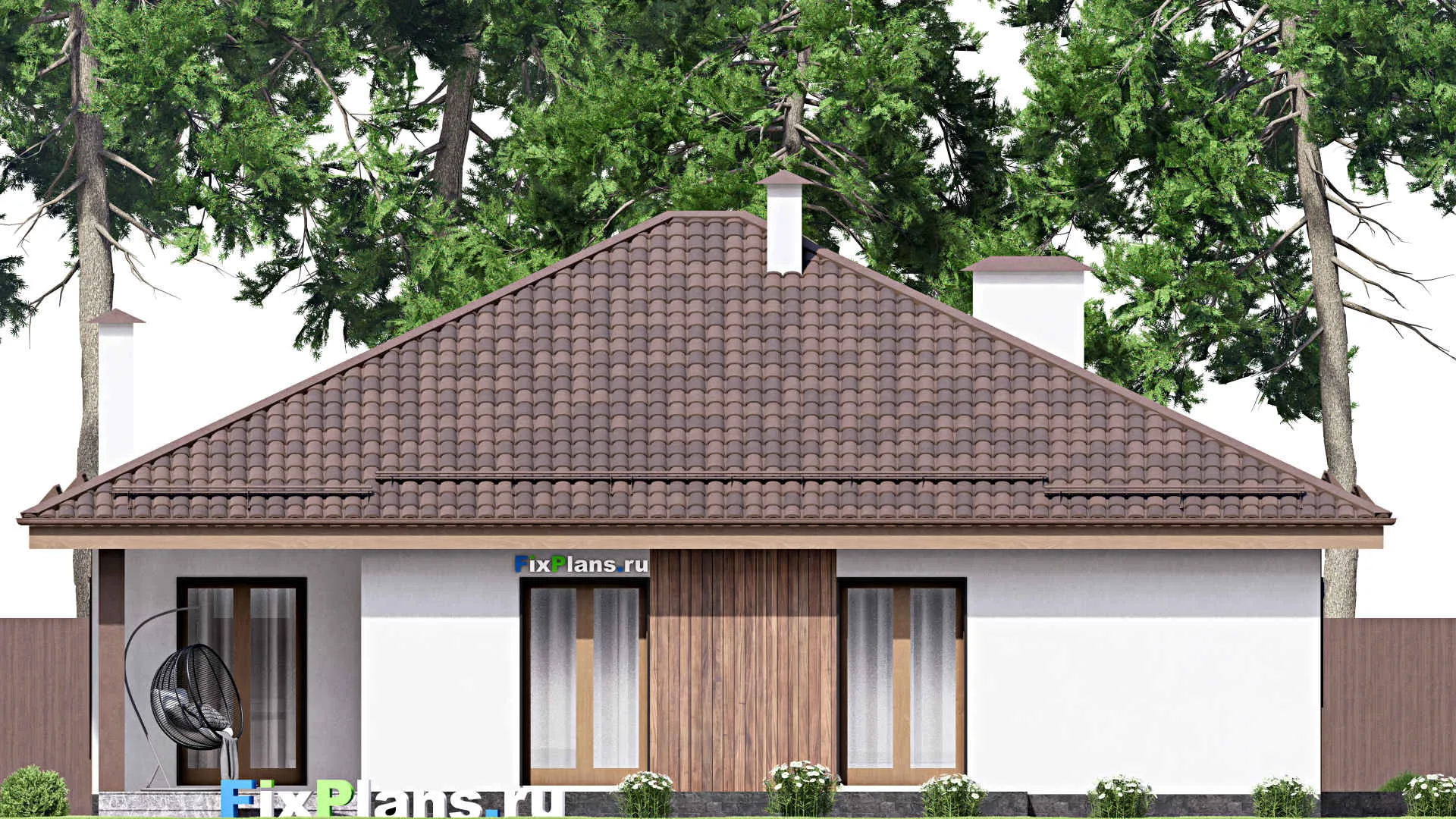 F-16964 - Проект одноэтажного дома 16 на 20, площадью 210 м² с террасой, гаражом на 1 машину и 3 спальнями