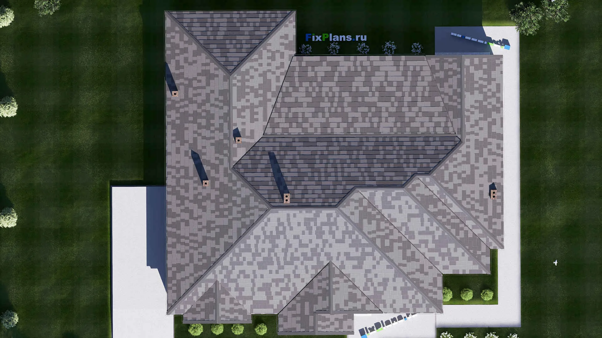 F-17198 - Проект одноэтажного дома 21 на 22, площадью 310 м² с террасой, гаражом на 2 машины и 3 спальнями