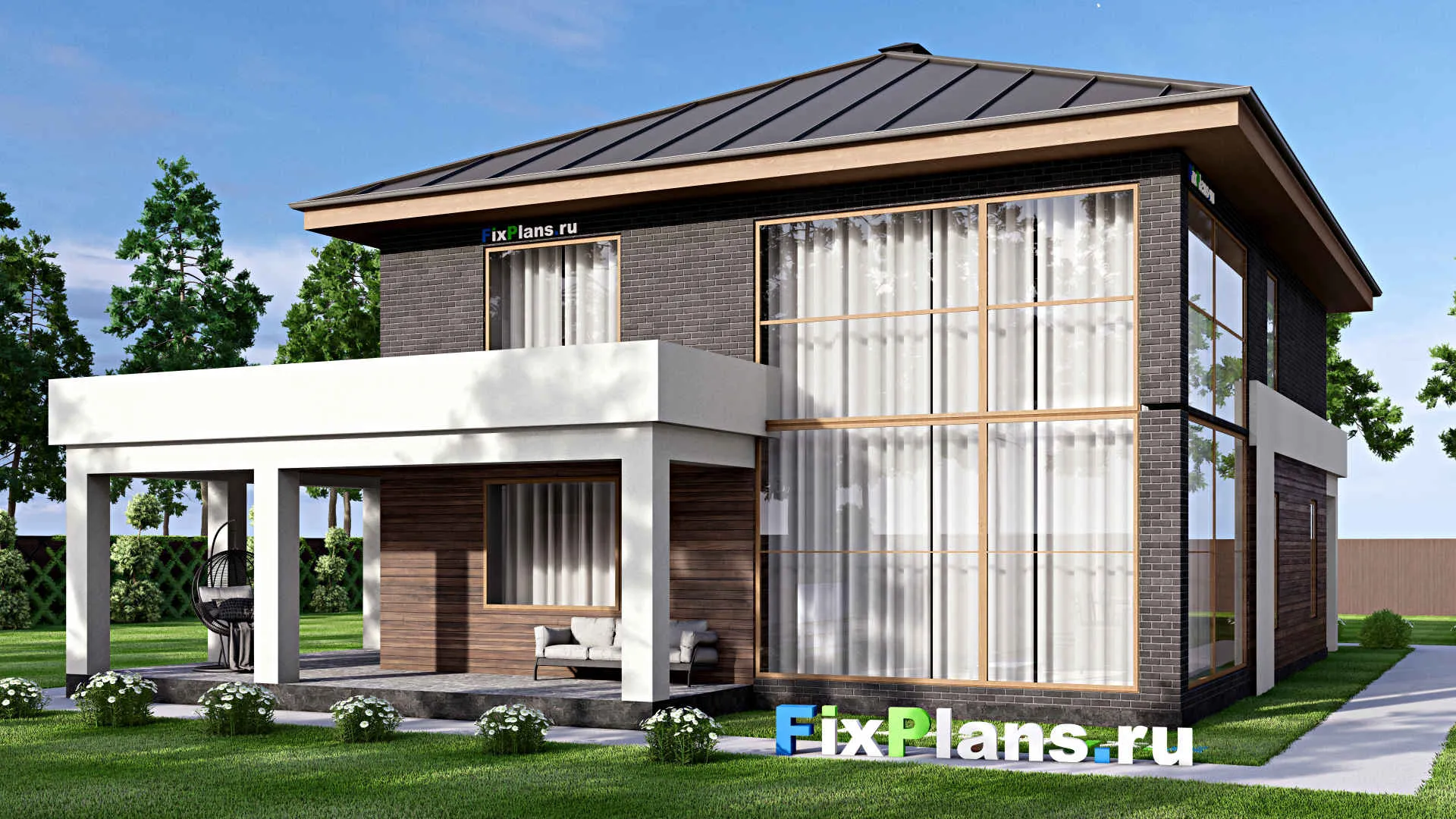 F-16226 - Проект двухэтажного дома 15 на 19, площадью 380 м² с террасой, балконом, гаражом на 1 машину, спортзалом и 3 спальнями