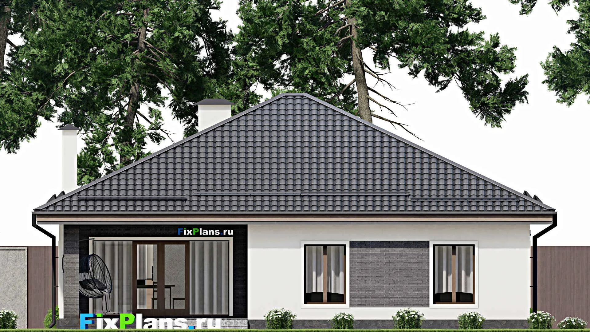 F-9998 - Проект одноэтажного дома 13 на 14, площадью 140 м² с террасой и 3 спальнями