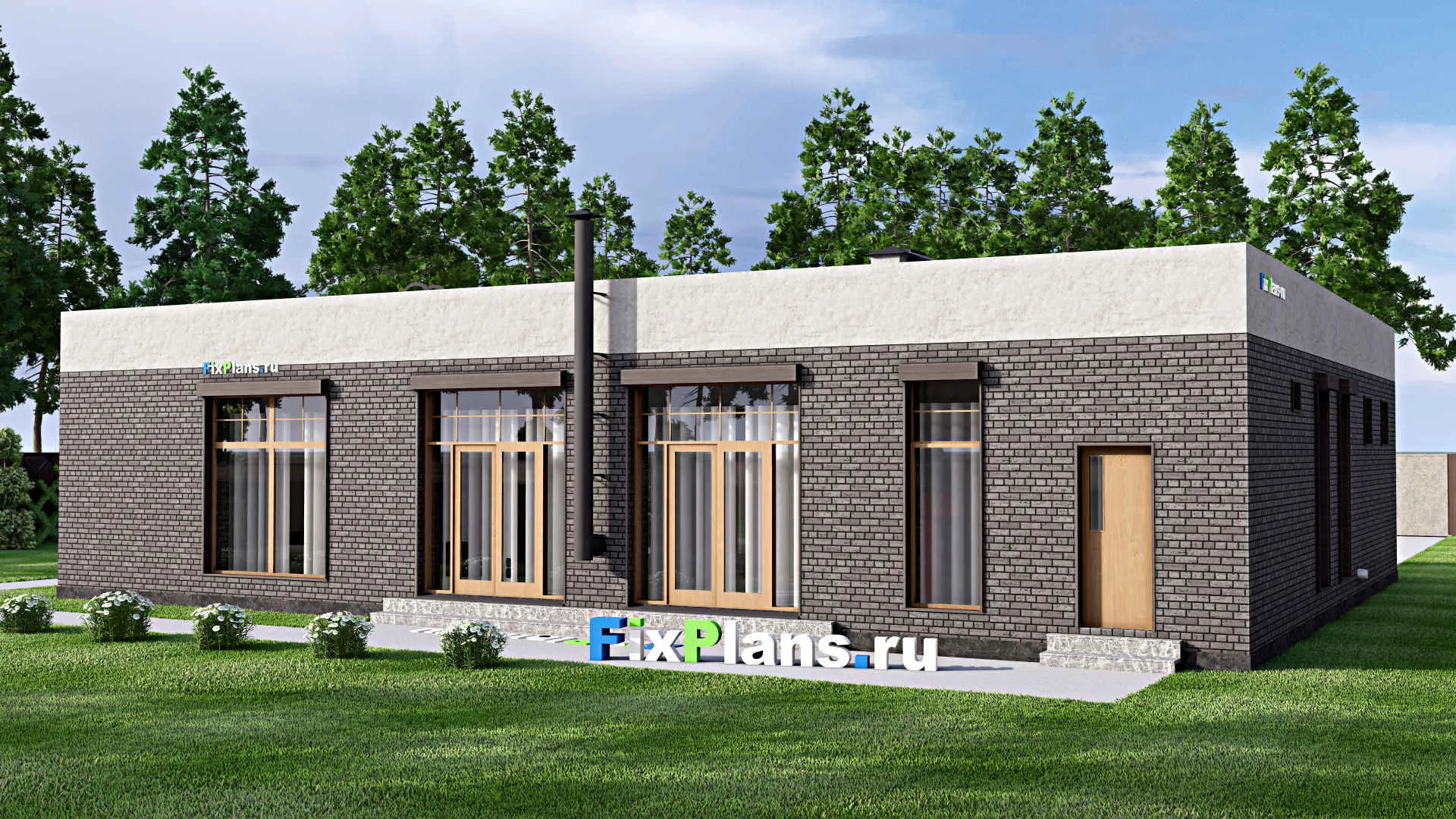 F-12779 - Проект одноэтажного дома 15 на 19, площадью 230 м² с террасой, баней, гаражом на 1 машину, спортзалом и 2 спальнями