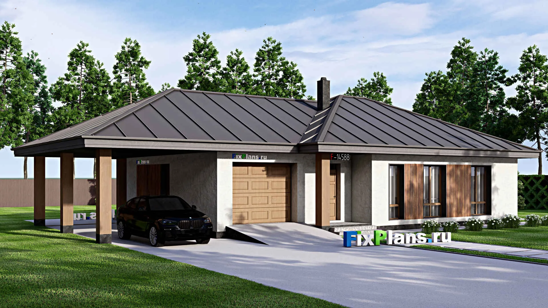 F-14588 - Проект одноэтажного дома 14 на 21, площадью 200 м² с террасой, гаражом на 1 машину и 2 спальнями