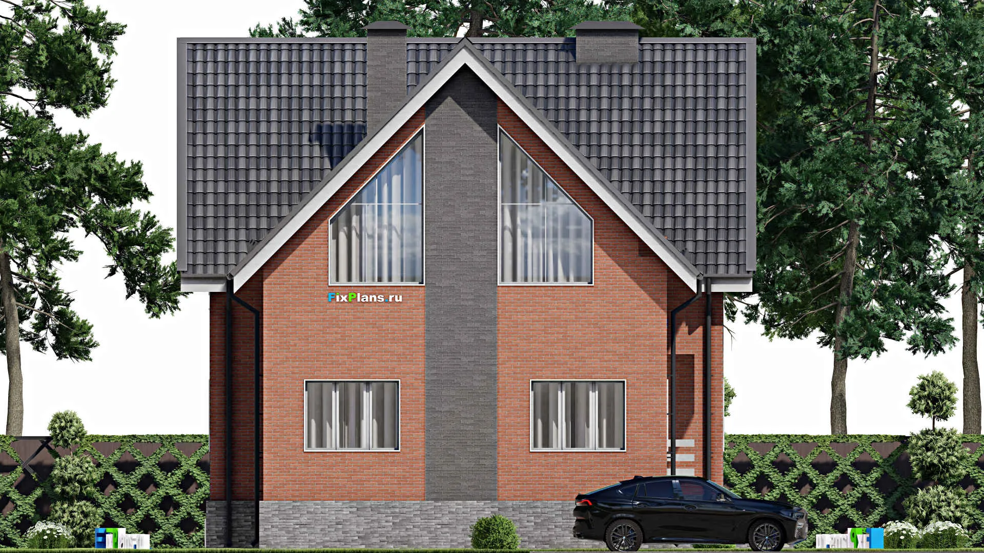 F-5840 - Проект дома с мансардой 11 на 13, площадью 270 м² с террасой, балконом, цокольным этажом и 6 спальнями