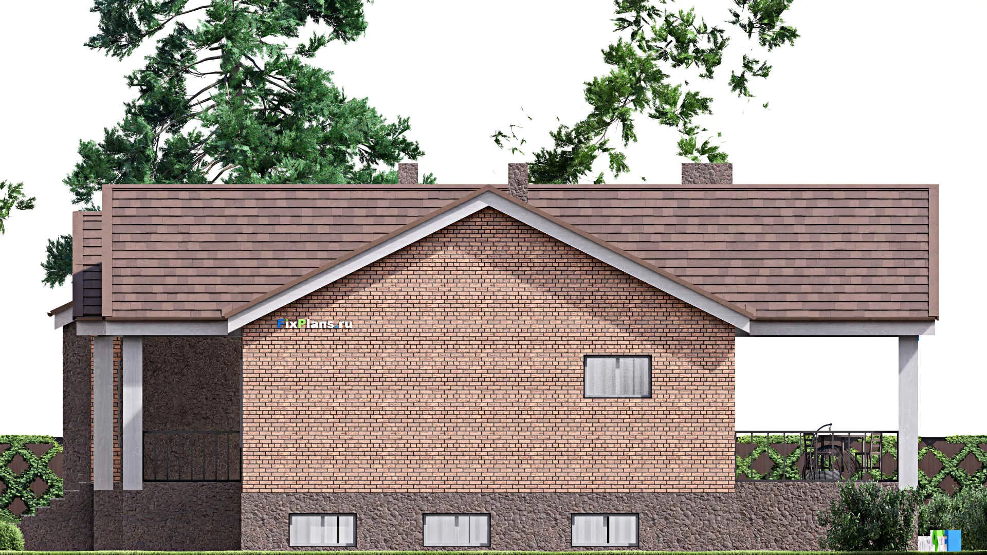 F-16892 - План одноэтажного дома 18 на 22, площадью 460 м² с террасой, цокольным этажом, гаражом на 2 машины и 4 спальнями