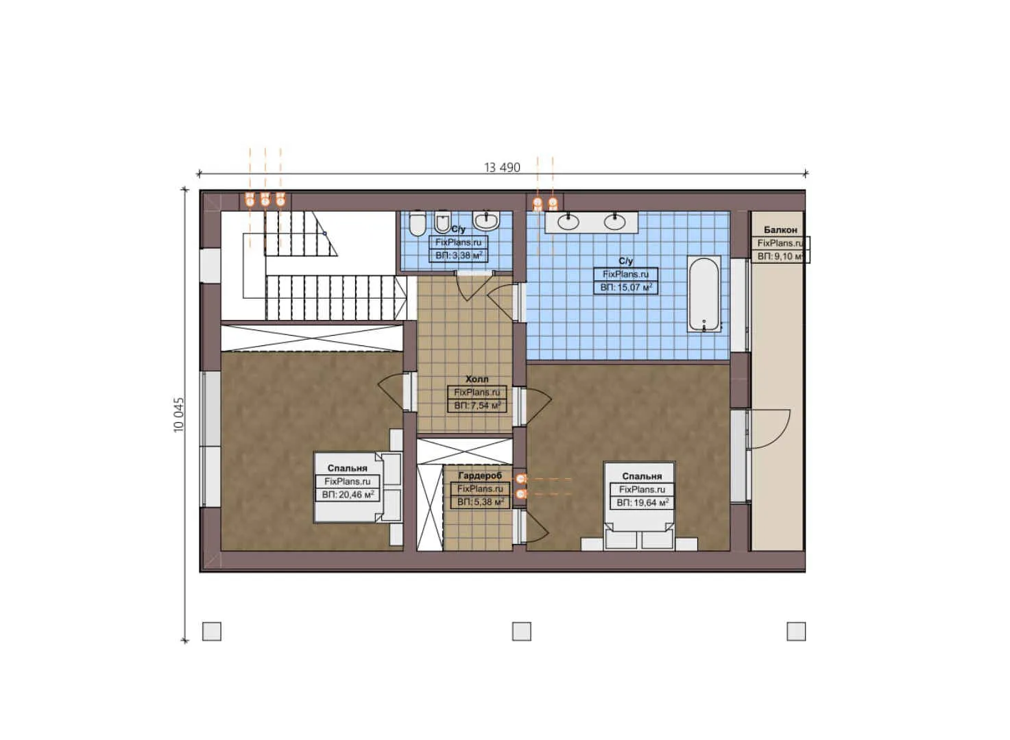 F-4067 - Планы дома с мансардой 13 на 15, площадью 210 м² с террасой, балконом и 3 спальнями