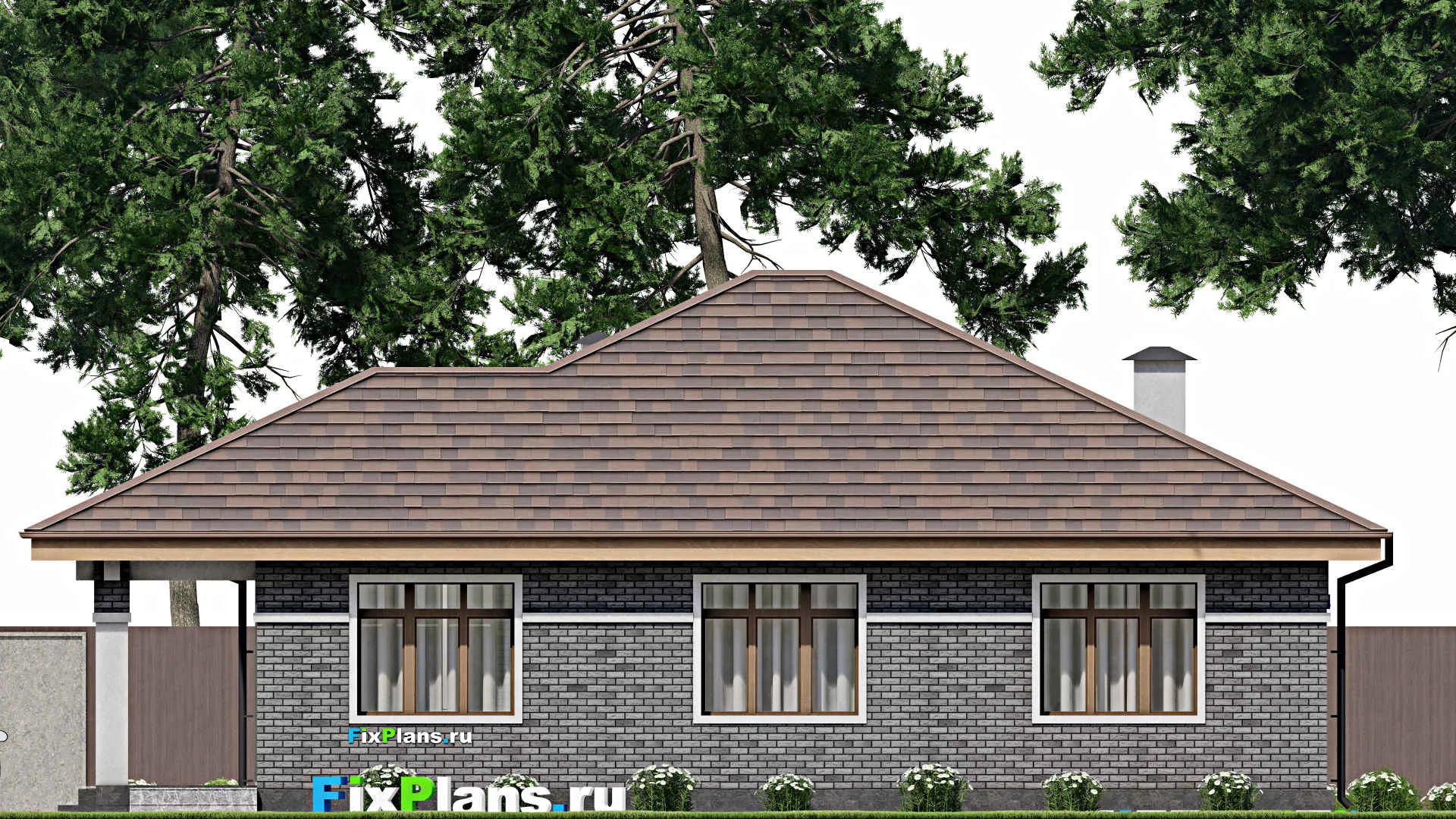 F-9350 - Проект одноэтажного дома 15 на 16, площадью 160 м² с террасой и 3 спальнями