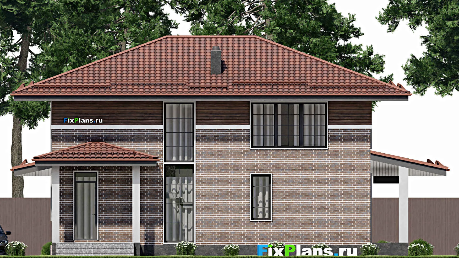 F-8549 - Планы двухэтажного дома 15 на 15, площадью 250 м² с террасой и 4 спальнями