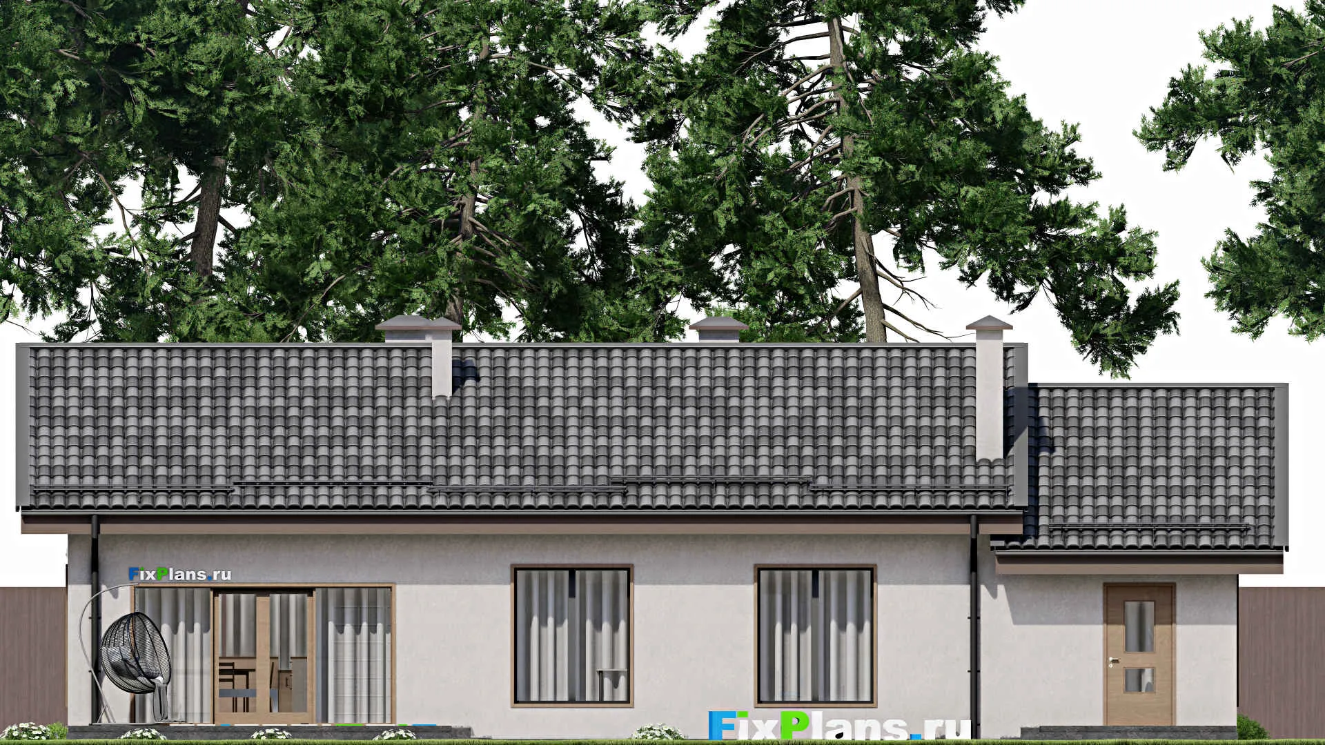 F-7595 - План одноэтажного дома 10 на 15, площадью 160 м² с террасой, гаражом на 1 машину и 3 спальнями