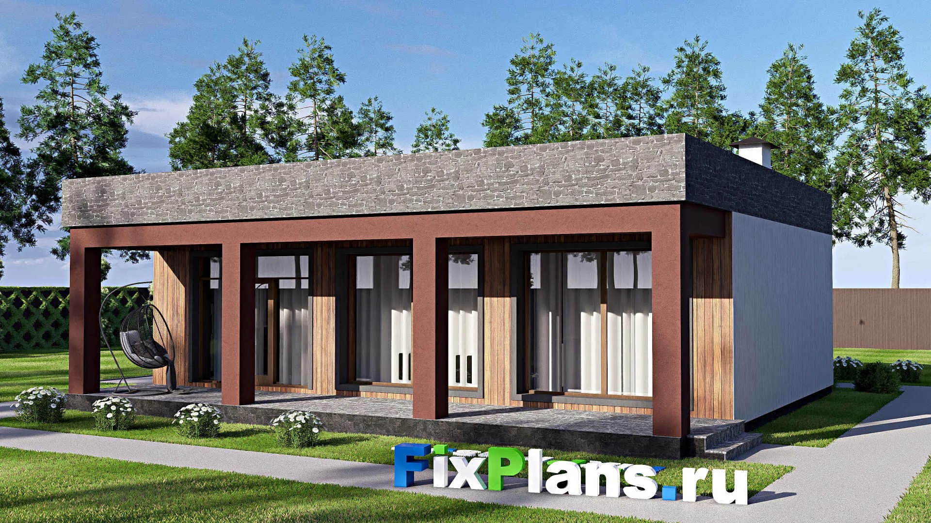 F-17351 - Проект одноэтажного дома 12 на 13, площадью 110 м² с террасой и 2 спальнями