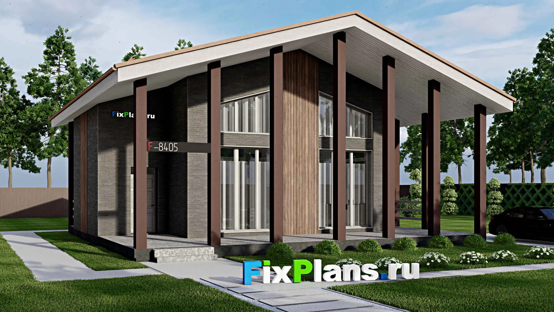 F-8405 - Проект дома с мансардой 13 на 13, площадью 190 м² с террасой, балконом, баней и 2 спальнями