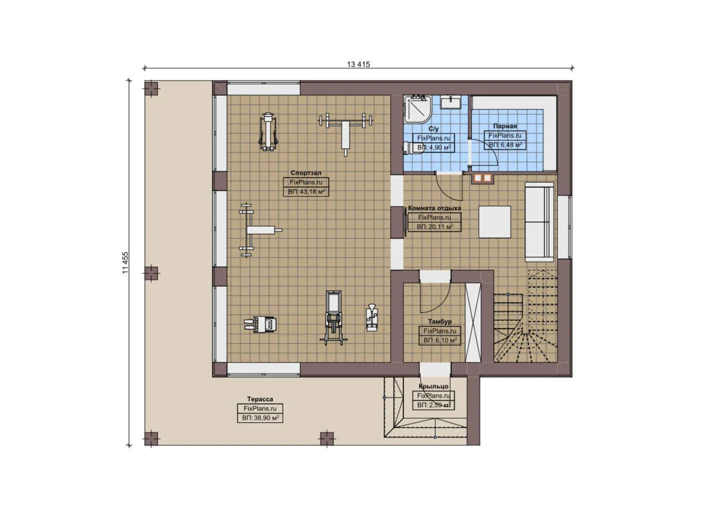 F-10574 - Планы двухэтажного дома 12 на 14, площадью 250 м² с террасой, балконом, баней, спортзалом и 2 спальнями