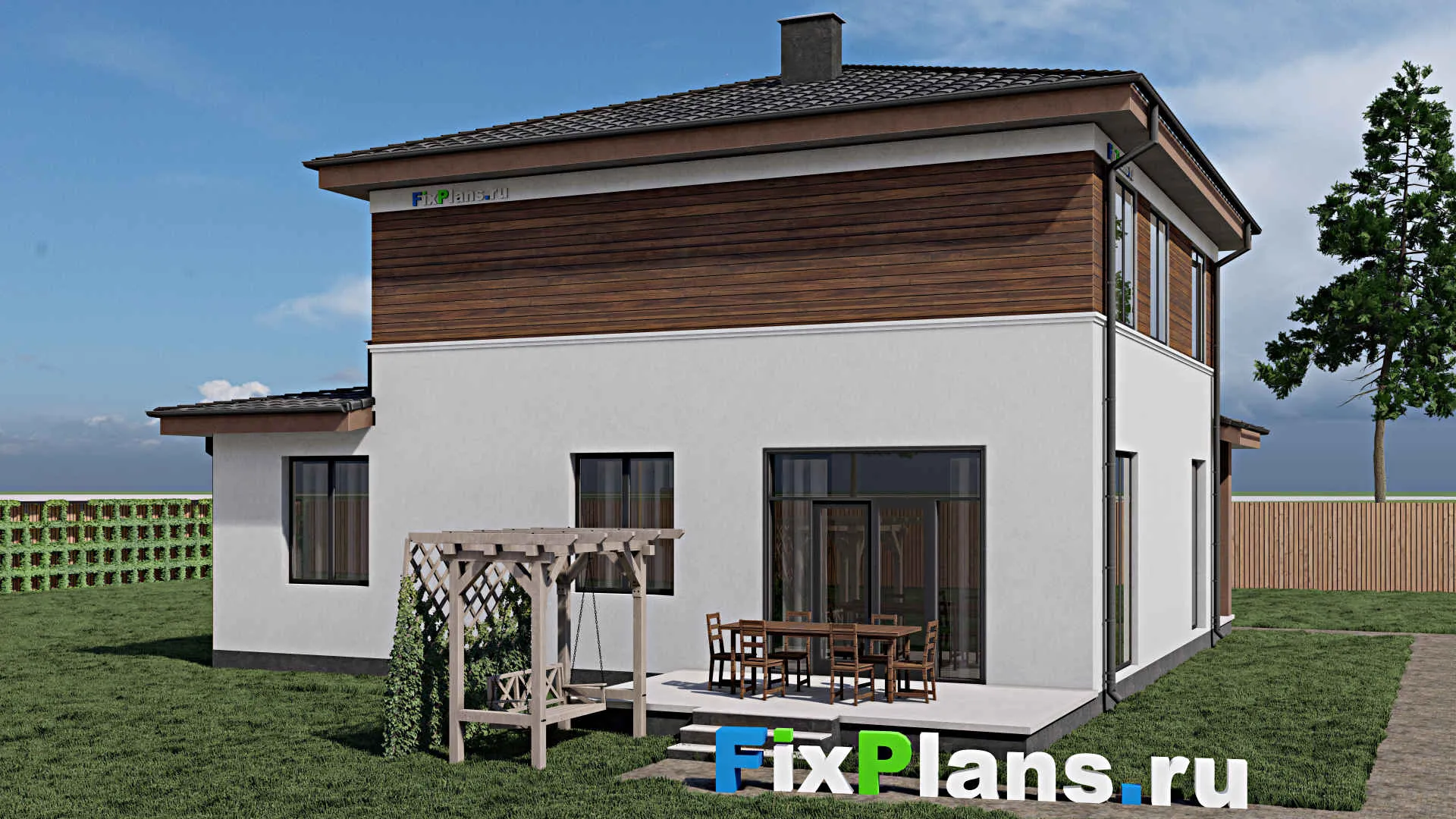 F-0530 - Проект двухэтажного дома 12 на 13, площадью 220 м² с террасой, гаражом на 1 машину и 4 спальнями