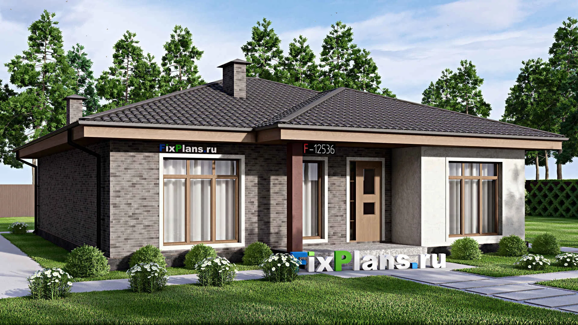 F-12536 - Проект одноэтажного дома 13 на 15, площадью 140 м² с террасой и 3 спальнями