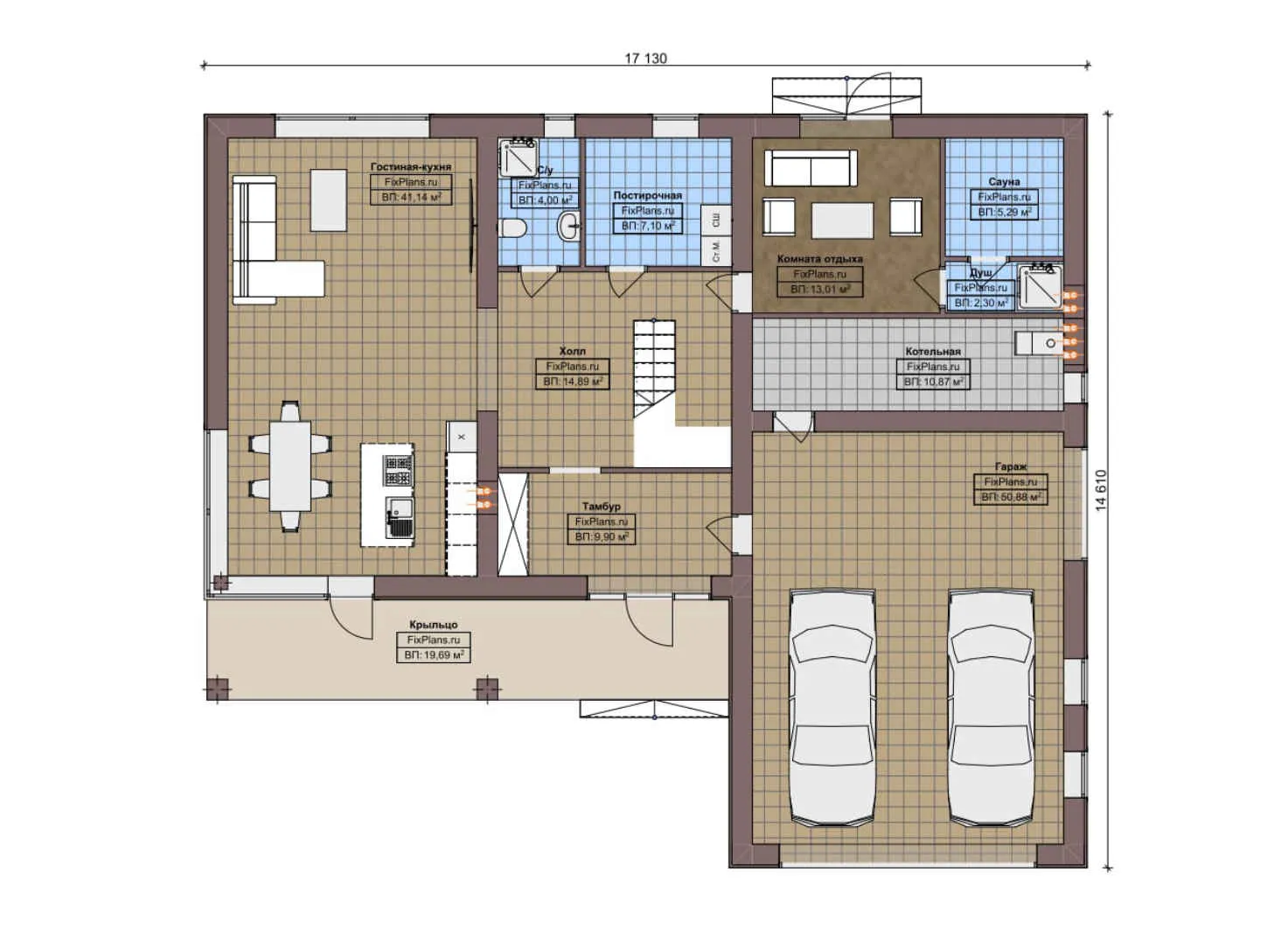 F-7946 - Планы двухэтажного дома 15 на 18, площадью 310 м² с террасой, баней, гаражом на 2 машины и 2 спальнями