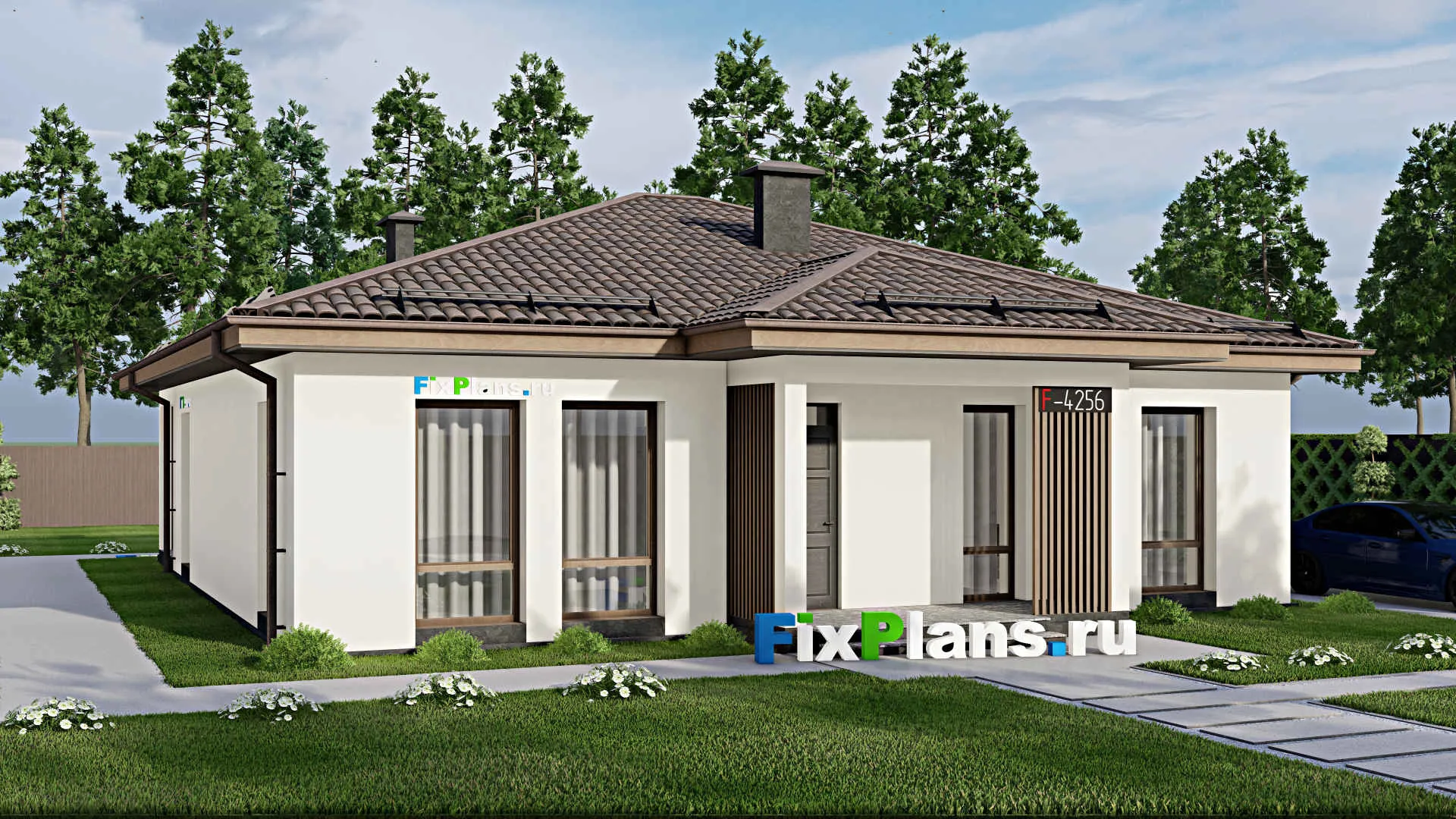 F-4256 - Проект одноэтажного дома 12 на 13, площадью 160 м² с террасой и 4 спальнями