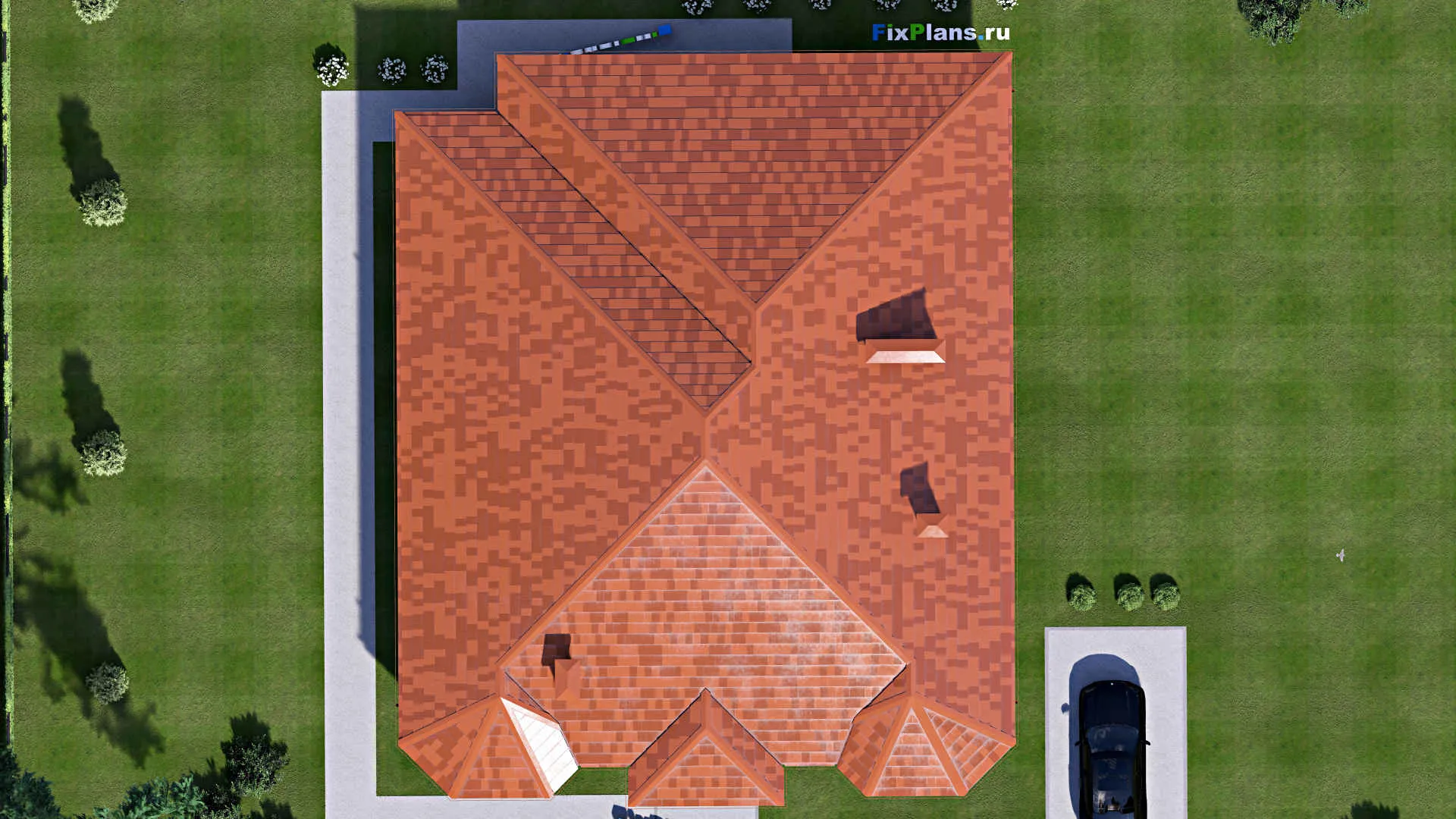 F-15425 - Проект одноэтажного дома 17 на 21, площадью 280 м² с террасой, баней, бассейном и 2 спальнями