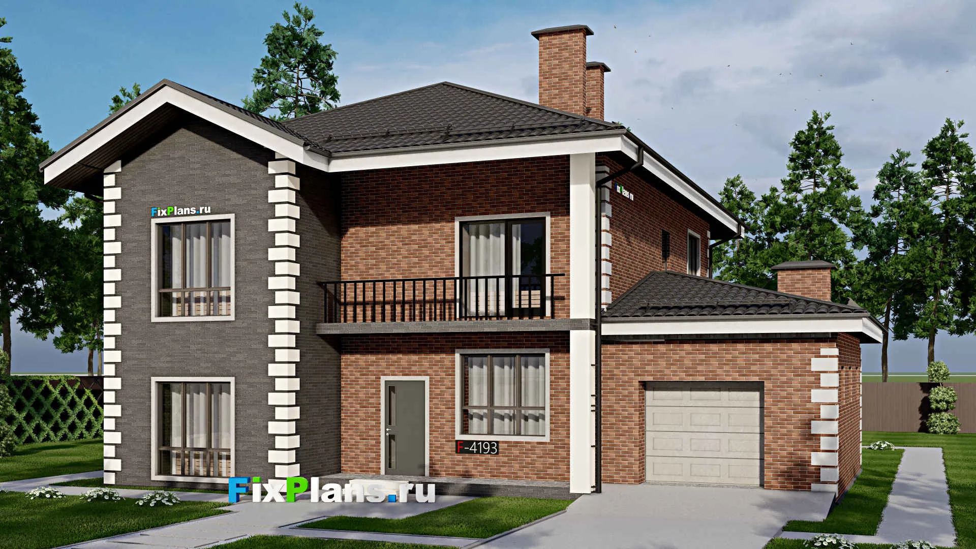 F-4193 - Проект двухэтажного дома 14 на 17, площадью 280 м² с террасой, балконом, гаражом на 1 машину и 4 спальнями