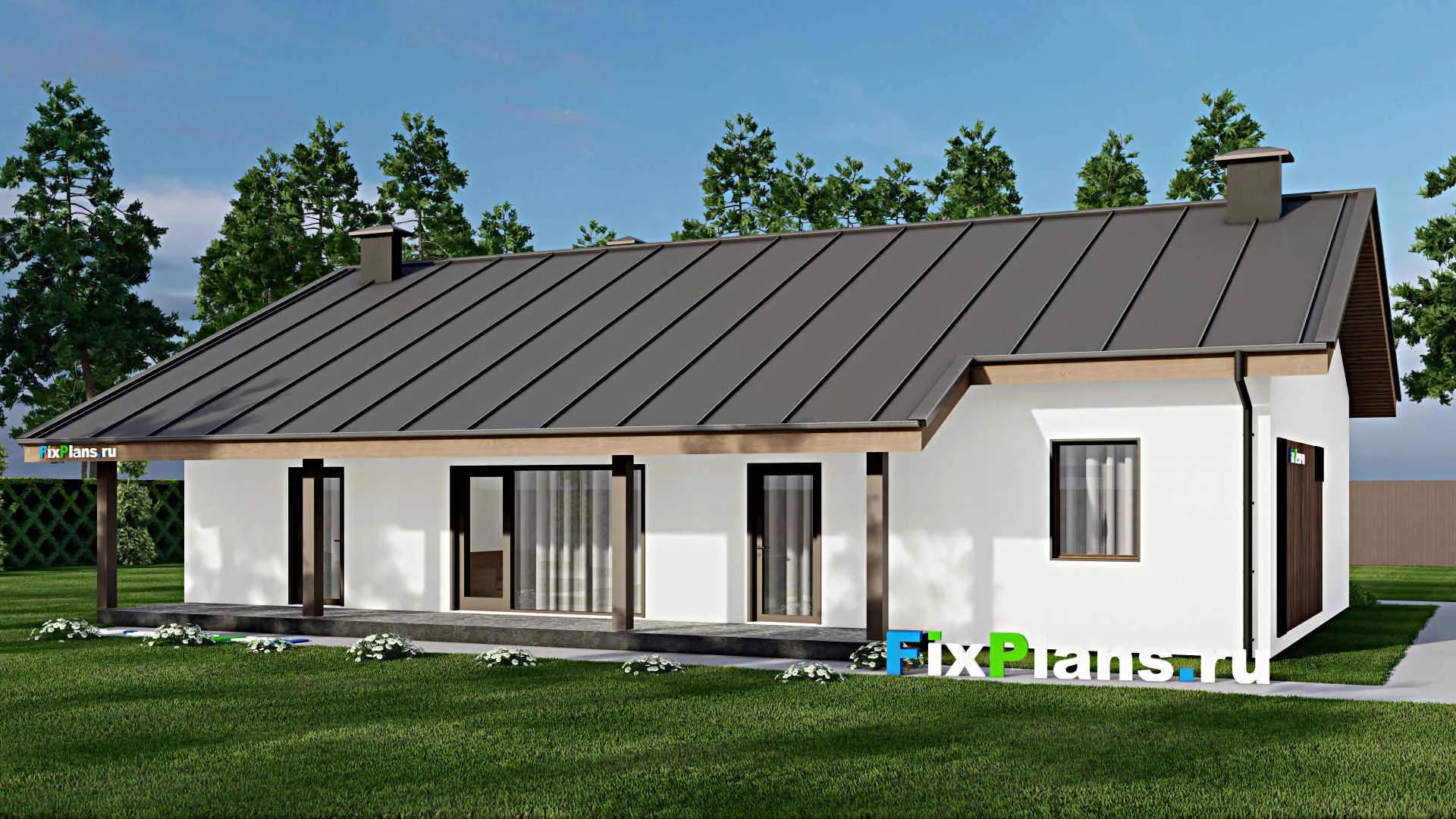 F-11411 - Проект одноэтажного дома 13 на 17, площадью 160 м² с террасой и 4 спальнями