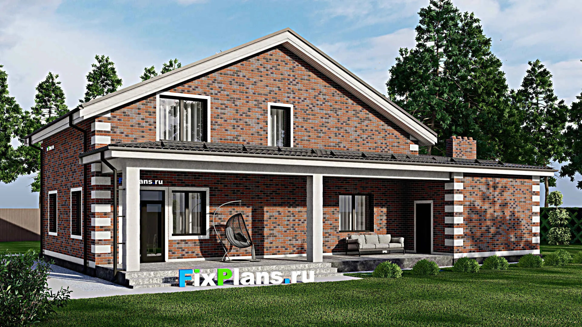 F-2483 - Планы дома с мансардой 14 на 19, площадью 300 м² с террасой, баней, гаражом на 1 машину и 4 спальнями