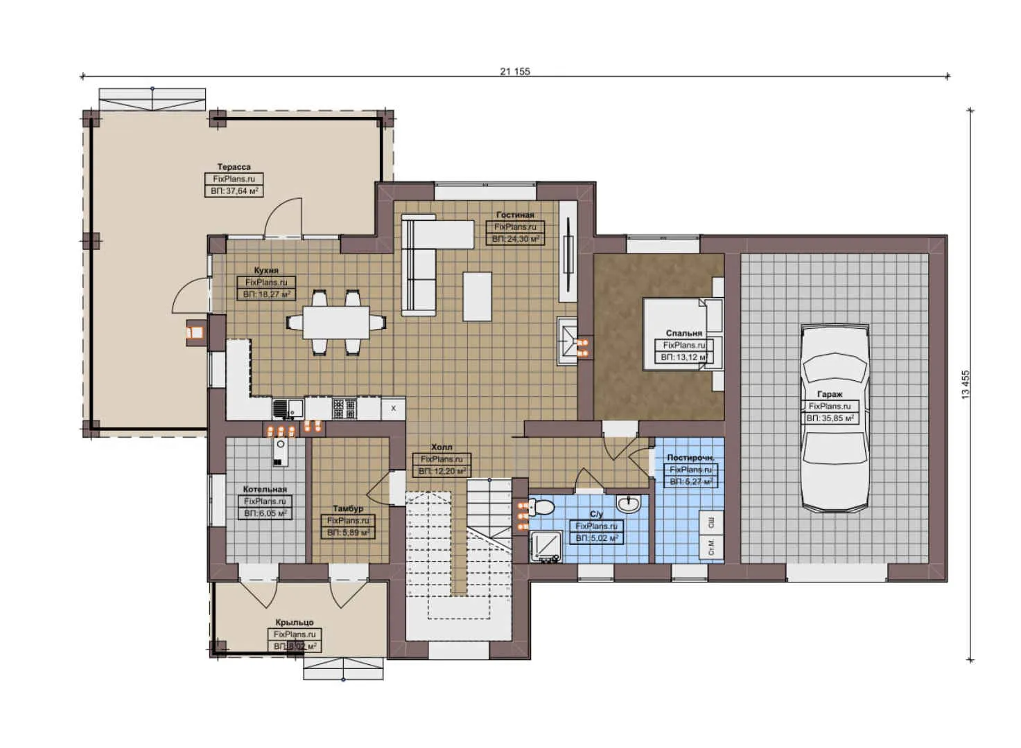 F-10520 - Планы дома с мансардой 14 на 22, площадью 270 м² с террасой, балконом, гаражом на 2 машины и 4 спальнями