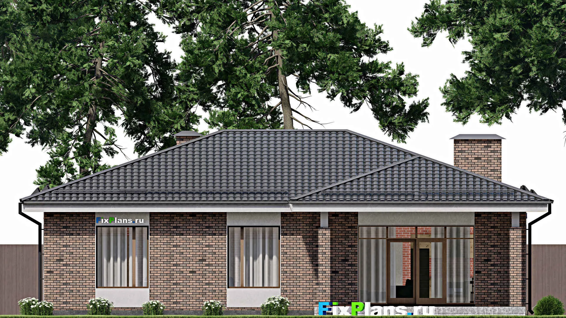 F-10097 - Проект одноэтажного дома 15 на 16, площадью 160 м² с террасой и 3 спальнями