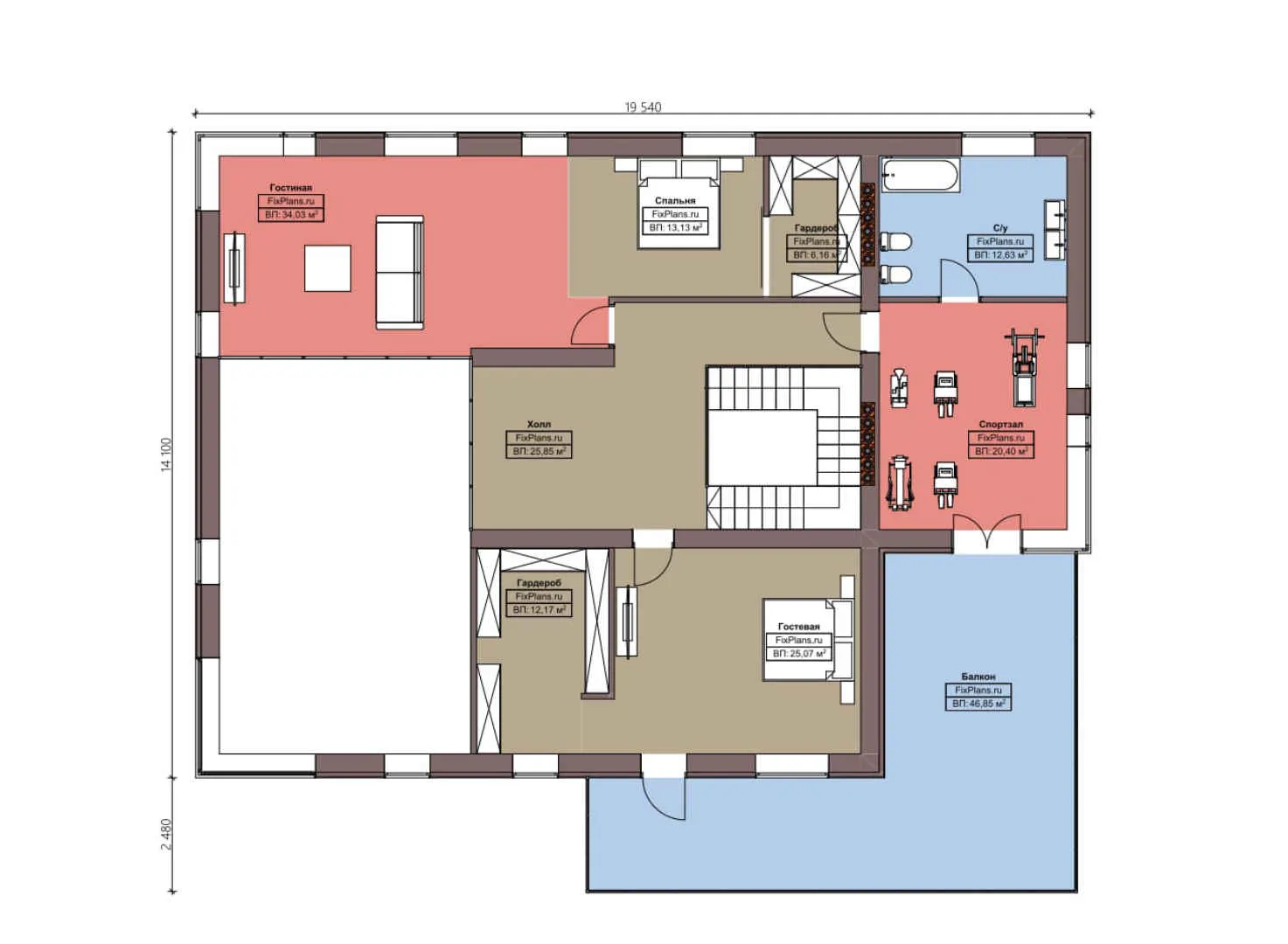 F-5210 - Планы двухэтажного дома 15 на 20, площадью 460 м² с балконом, гаражом на 1 машину, спортзалом и 1 спальнями