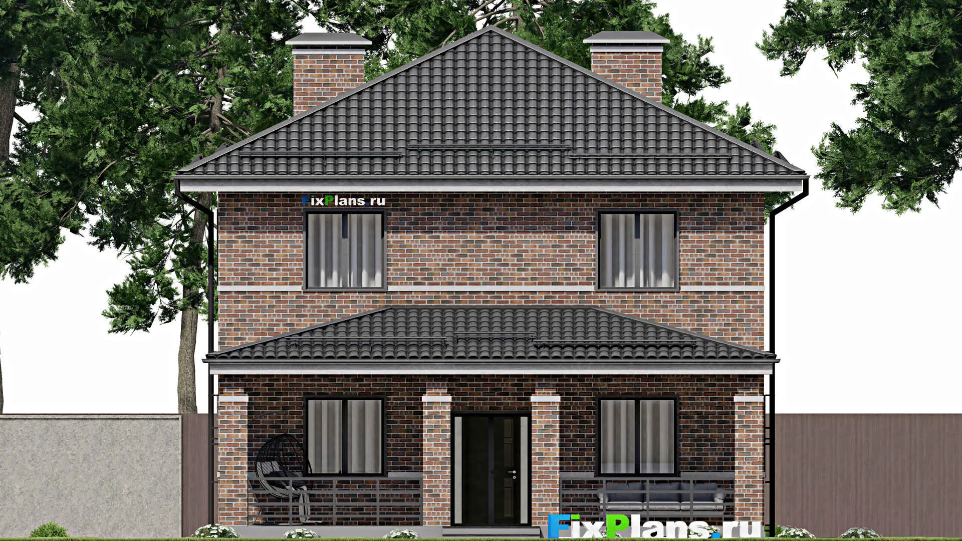 F-4202 - Планы двухэтажного дома 11 на 11, площадью 200 м² с террасой и 5 спальнями