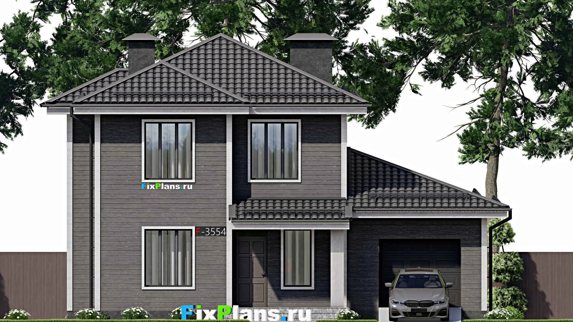 F-3554 - Проект двухэтажного дома 12 на 13, площадью 190 м² с террасой, гаражом на 2 машины и 5 спальнями