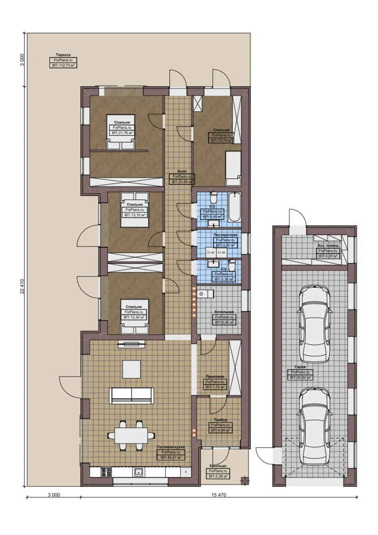 F-6065 - План одноэтажного дома 16 на 23, площадью 330 м² с террасой, гаражом на 2 машины и 4 спальнями