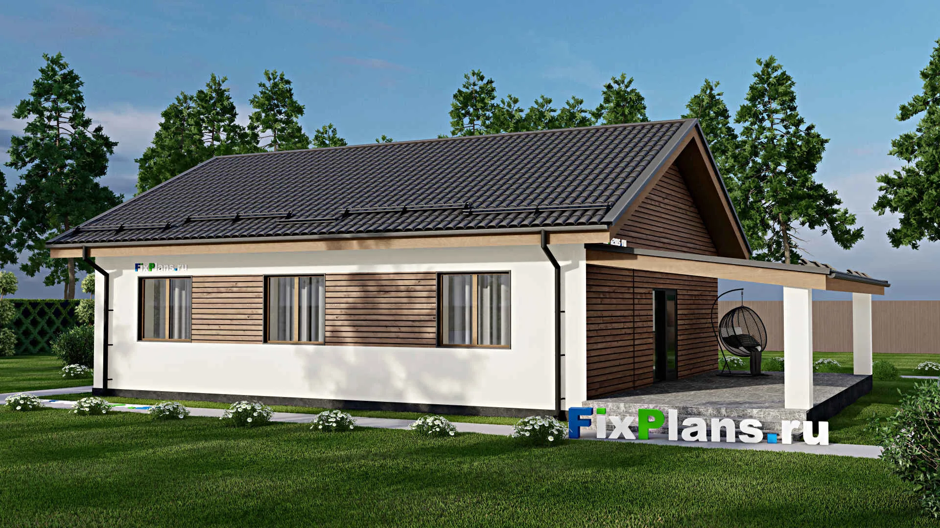 F-4643 - План одноэтажного дома 13 на 13, площадью 170 м² с террасой и 3 спальнями