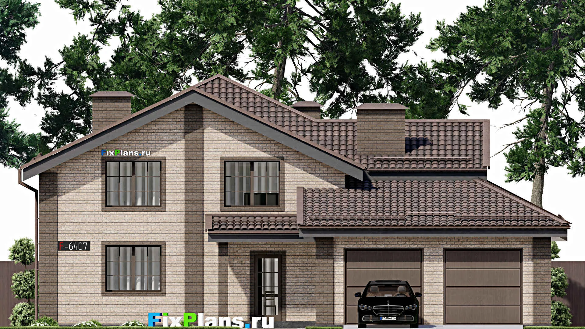 F-6407 - Проект дома с мансардой 15 на 16, площадью 260 м² с террасой, балконом, гаражом на 2 машины и 5 спальнями