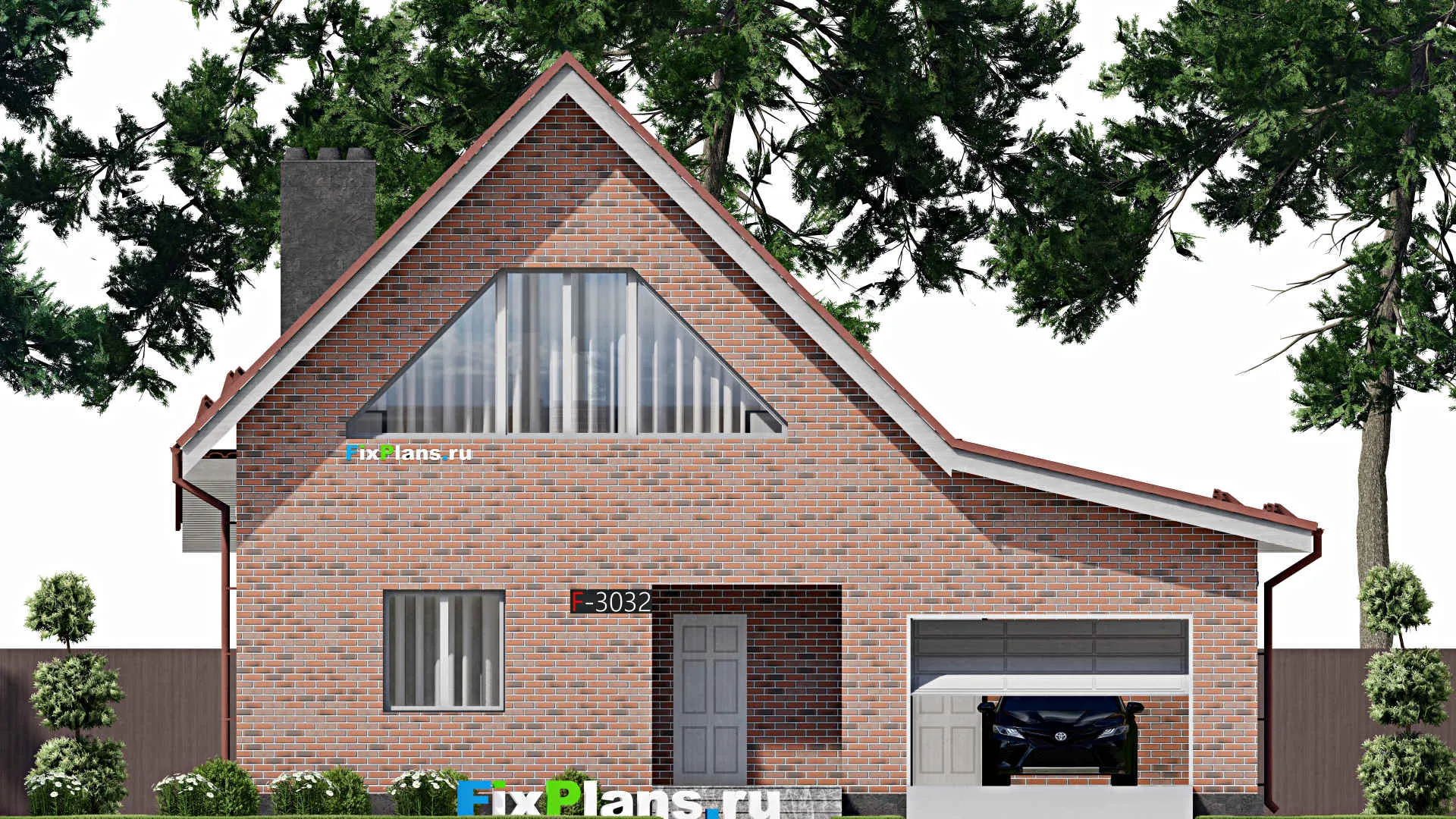 F-3032 - Проект дома с мансардой 13 на 15, площадью 210 м² с террасой, гаражом на 2 машины и 3 спальнями