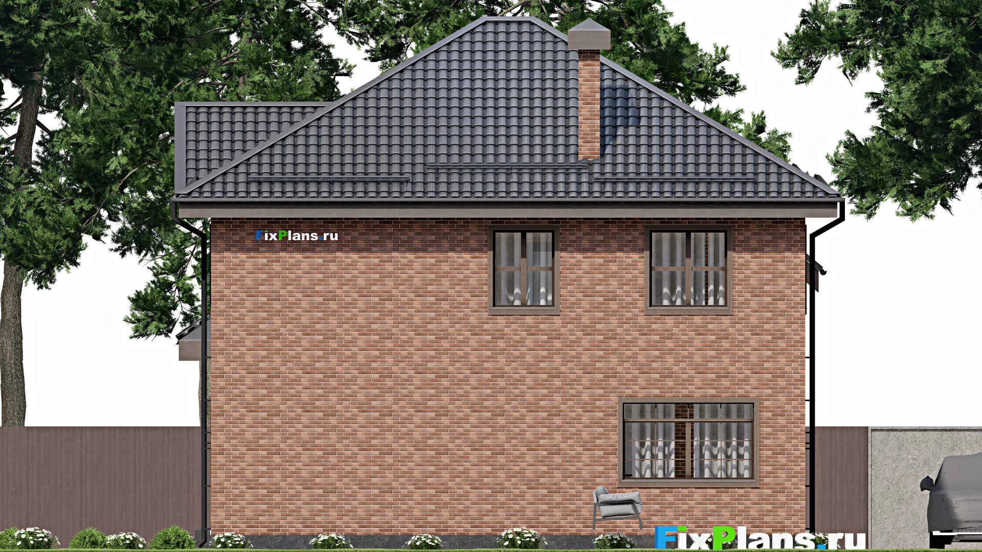 F-3698 - Проект двухэтажного дома 12 на 13, площадью 180 м² с балконом, цокольным этажом и 3 спальнями