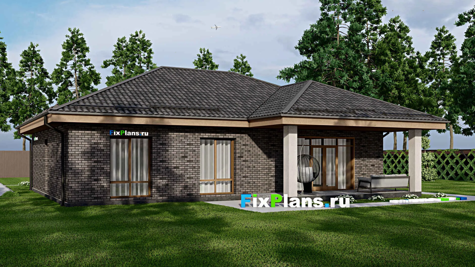 F-8126 - Проект одноэтажного дома 12 на 16, площадью 160 м² с террасой и 3 спальнями