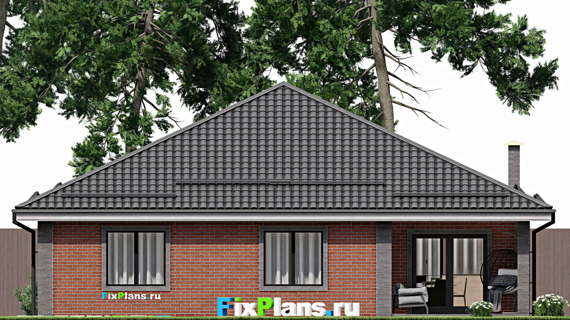 F-4013 - План одноэтажного дома 13 на 17, площадью 150 м² с террасой, гаражом на 1 машину и 3 спальнями
